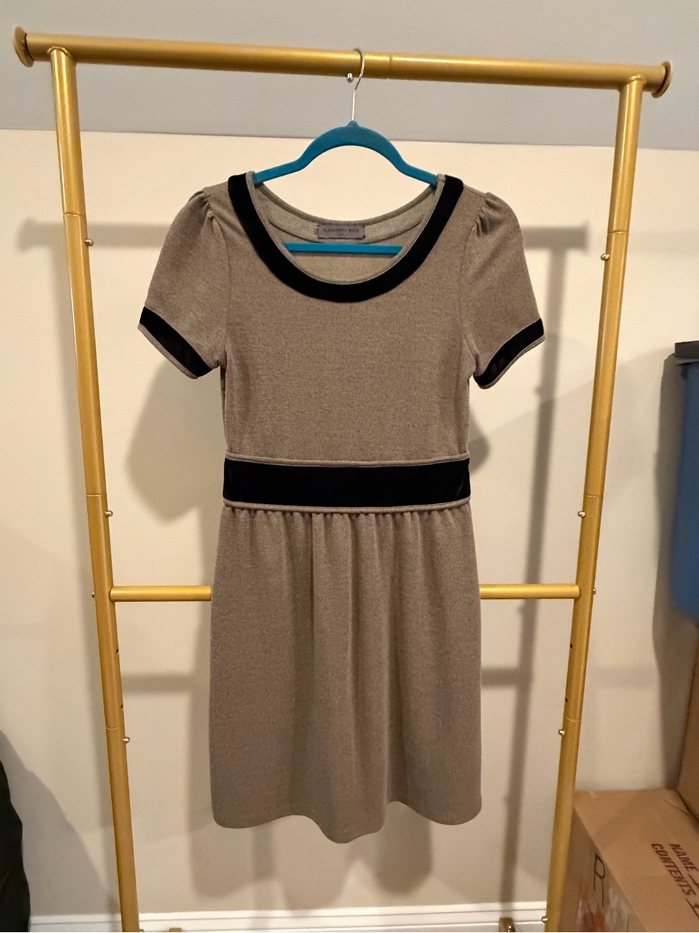 Taupe Midi Dress with Black Trim and Waistband